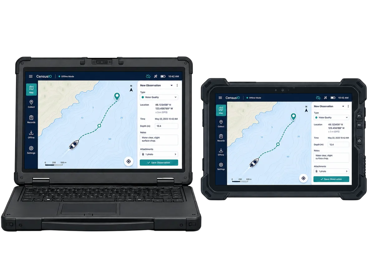 CensusIO on a rugged laptop and tablet, showing a survey map and an observation form.